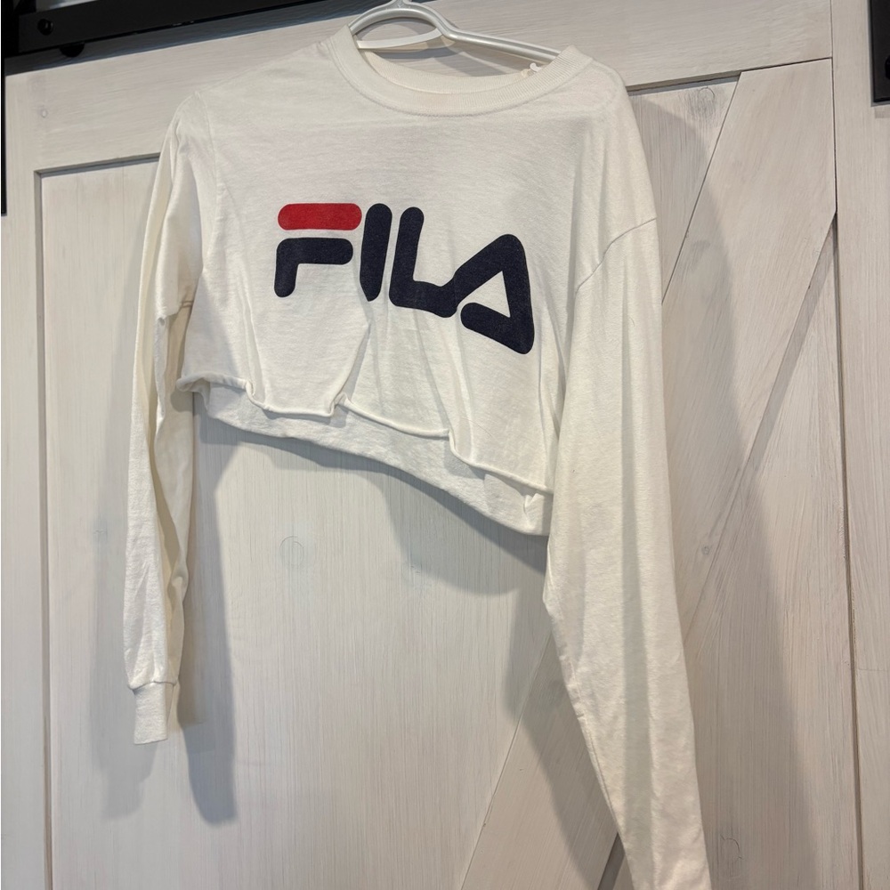 Fila White Long Sleeve Crop Top with Red and Blue Logo